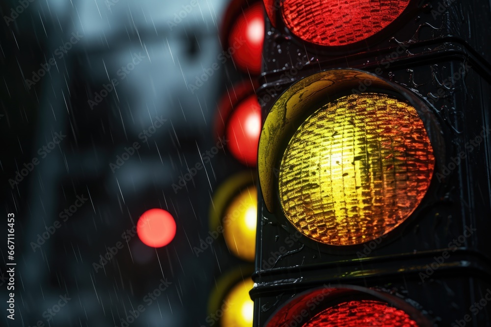 Poster a close up view of a traffic light with red and yellow lights. this image can be used to represent t