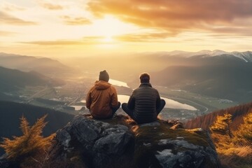 A picturesque scene of two people sitting on top of a mountain, observing the mesmerizing sunset. Ideal for travel, adventure, and nature-themed projects