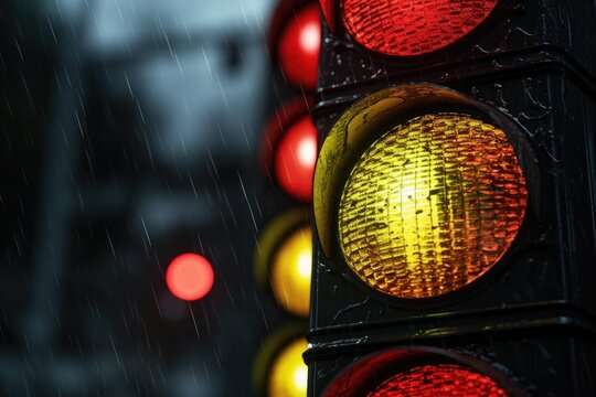 A close up view of a traffic light with red and yellow lights. This image can be used to represent traffic, road safety, or urban transportation