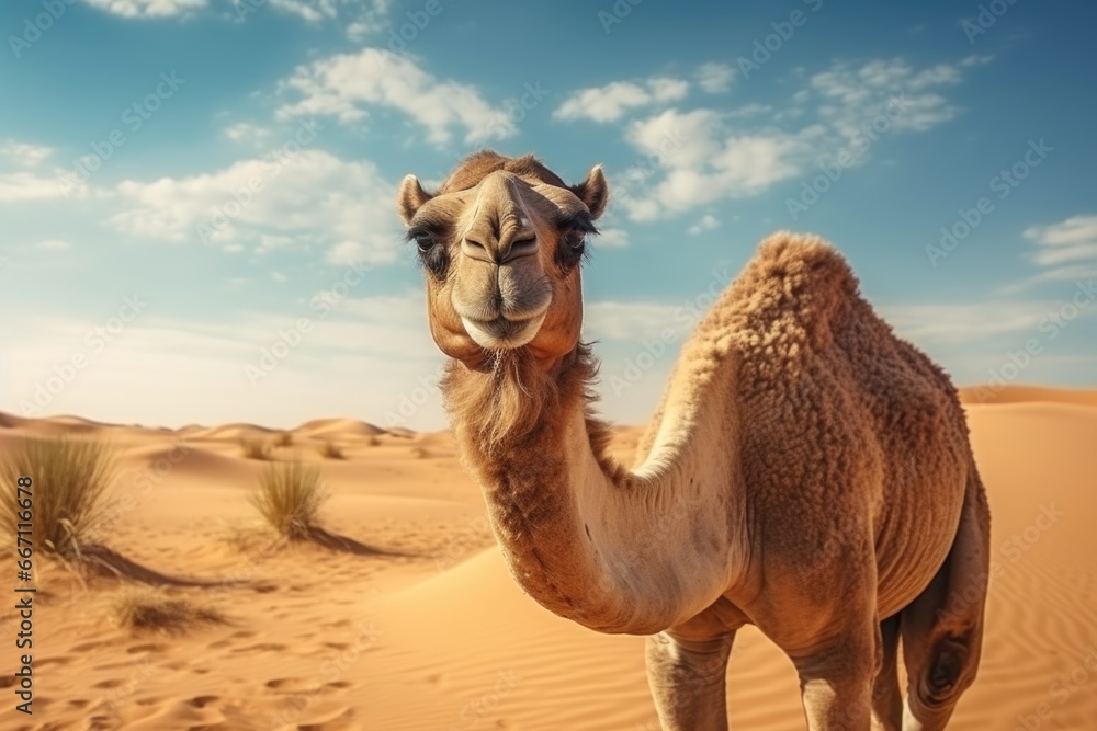 Aufkleber a picture of a camel standing in the middle of a desert. suitable for travel and adventure themes