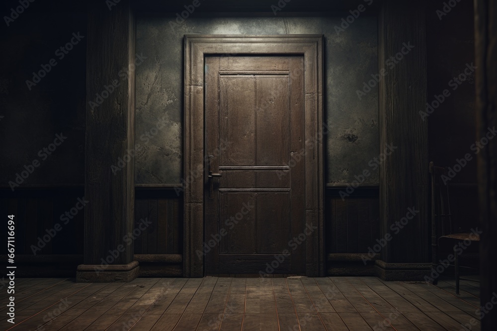 Poster a picture of a dark room with a wooden door and a bench. this image can be used to depict mystery, i
