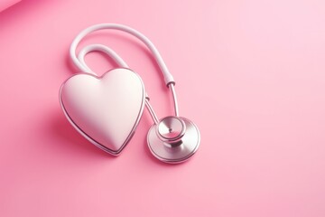 A stethoscope and a heart shaped object are pictured on a pink background. This image can be used to represent healthcare, medical examinations, or love and romance themes