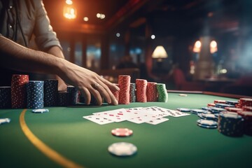 A man is shown playing cards on a poker table. This image can be used to depict a game of poker or gambling-related concepts - obrazy, fototapety, plakaty