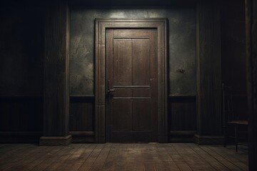 A picture of a dark room with a wooden door and a bench. This image can be used to depict mystery, isolation, or anticipation. It is suitable for various projects and themes - obrazy, fototapety, plakaty