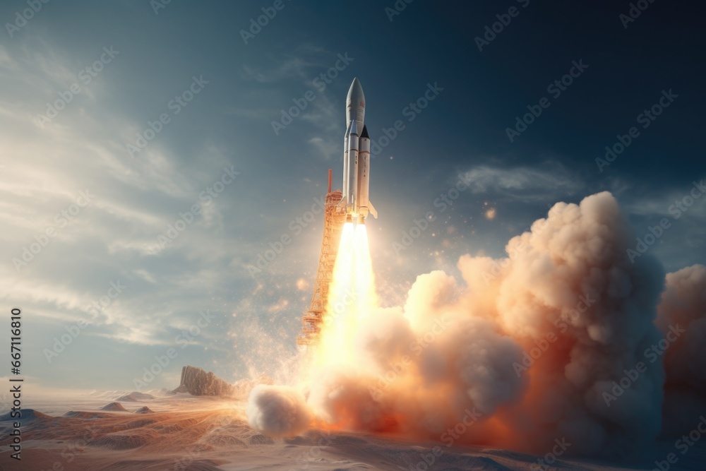 Poster a powerful rocket taking off into the sky. perfect for illustrating space exploration and technologi