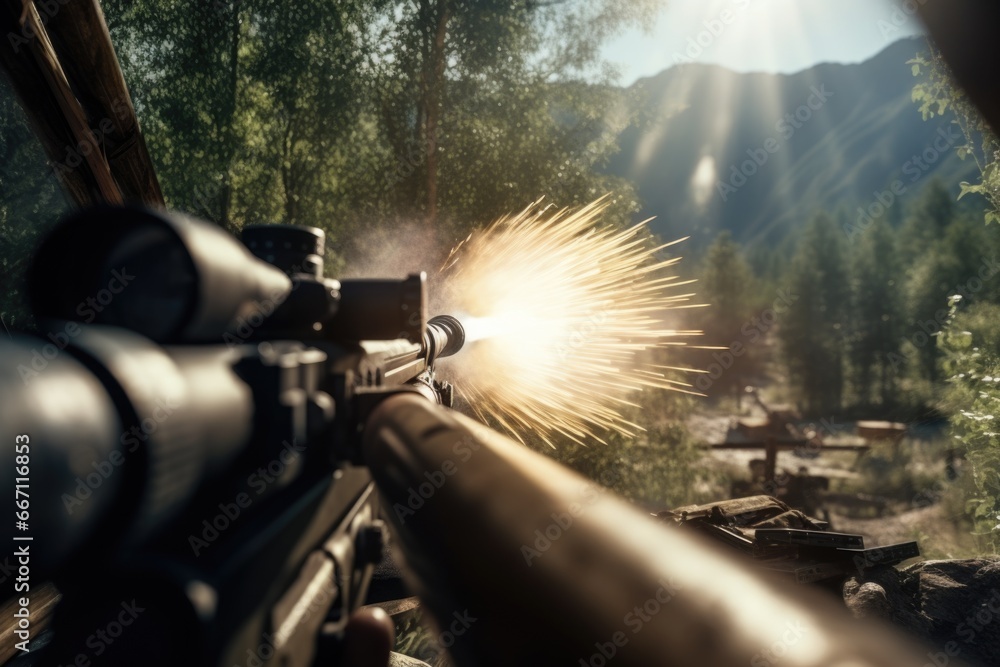 Poster a rifle is placed on a rail in a serene woodland setting. perfect for outdoor enthusiasts and huntin