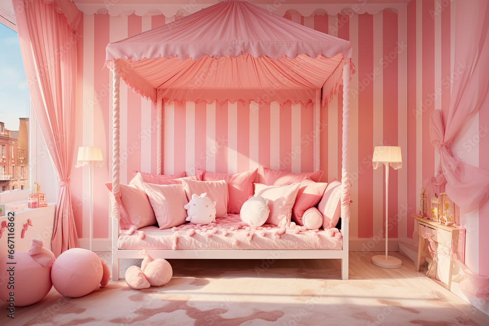 Wall mural Fun and playful girl's room reminiscent of a pink candy land. Striped pink and white walls, large window