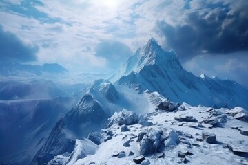 A picturesque snow-covered mountain against a clear blue sky background. Perfect for winter-themed designs or outdoor adventure concepts