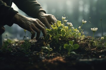 A person is planting a plant in the dirt. This image can be used to depict gardening, horticulture, or eco-friendly activities