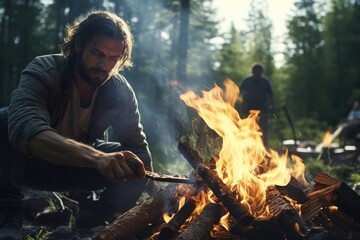 Fototapeta premium A man with long hair is cooking something over a campfire. This image can be used to depict outdoor cooking, camping, or wilderness survival