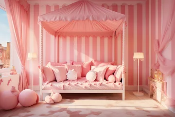 Foto op Canvas Fun and playful girl's room reminiscent of a pink candy land. Striped pink and white walls, large window © zakiroff