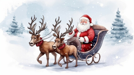 Santa Claus in sled with reindeer over winter forest, Christmas holiday concept. Generated AI