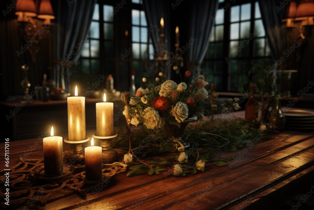 Poster A wooden table adorned with a beautiful arrangement of candles and flowers. Perfect for adding a touch of elegance and warmth to any event or gathering
