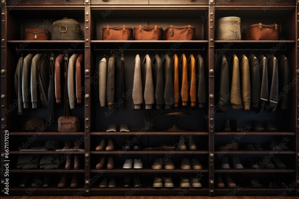Poster A closet filled with a wide variety of shoes. This image can be used to showcase a shoe collection or to illustrate the concept of fashion and style