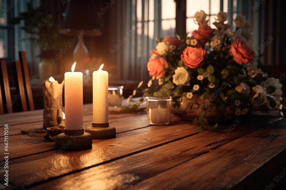 Poster A wooden table adorned with flickering candles and a vase of beautiful flowers. Perfect for adding a warm and inviting atmosphere to any setting