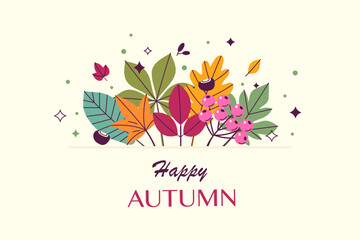 Autumn graphic design with fall leaves in modern minimal style. Vector template for autumn sale offer, poster, social media, invitation, greeting card. 