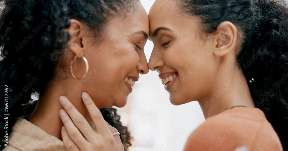 Canvas Prints Lesbian couple, forehead and women with love, hug and quality time for relationship, marriage and bonding in home. Queer, people and happy girls embrace, support and loving with joy and partnership