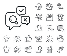 Quality research sign. Place location, technology and smart speaker outline icons. Inspect line icon. Review speech bubbles. Inspect line sign. Influencer, brand ambassador icon. Vector