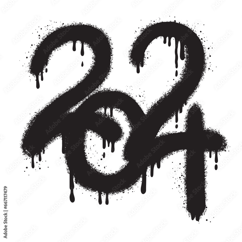 Fototapete graffiti number 2024 in sprayed paint style. 2024 sprayed in black over white.