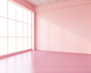 Morning light in empty room decorated with pink wall and pink floor. There are glass window and an exposed bare ceiling. 3d rendering