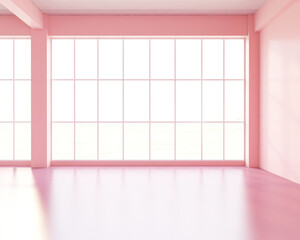 Morning light in empty room decorated with pink wall and pink floor. There are glass window and an exposed bare ceiling. 3d rendering