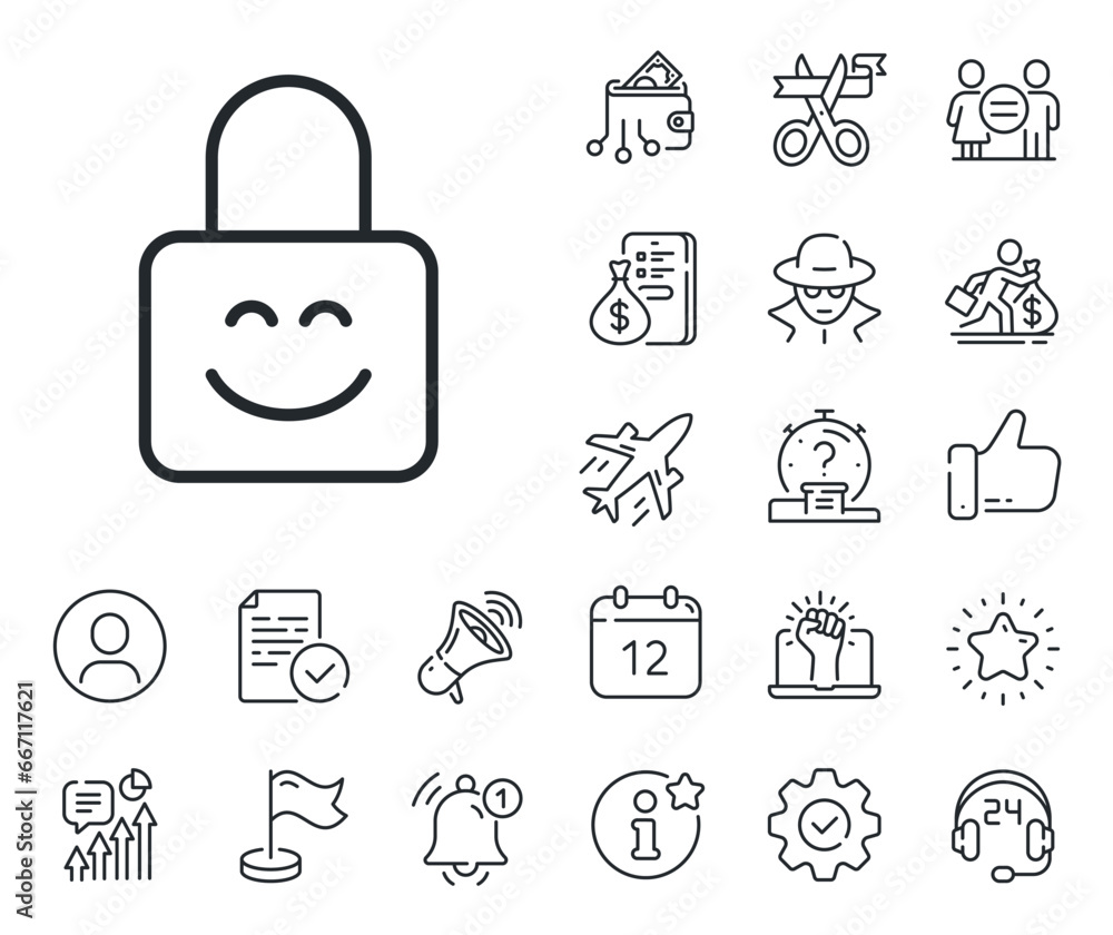 Poster protected padlock sign. salaryman, gender equality and alert bell outline icons. lock line icon. sec