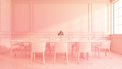 Morning light in dining room decorated with pink wall cornice and pink floor. There are dining table and chair. 3d rendering