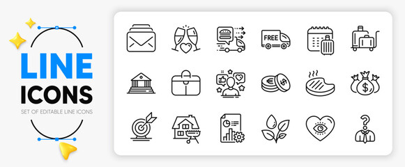 Food delivery, Plants watering and Handbag line icons set for app include Baggage calendar, Check investment, Hiring employees outline thin icon. Meditation eye, Report, Mail pictogram icon. Vector