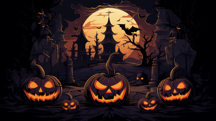 Halloween background illustration, a scary night with five smiling carved pumpkins, a golden glowing moon, a scary church, with the flying bats and trees, high-resolution, AI-generated, 5824x3264