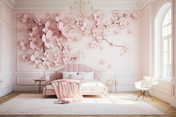 A fairytale and magical bedroom inspired by flower petals. Soft pink walls and flower decals create a garden feel - obrazy, fototapety, plakaty