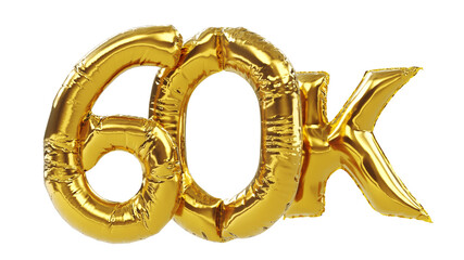 3D render of Golden sixty thousand or 60k number balloons isolated on white background. 60k followers celebration.