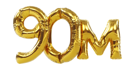 3D render of Golden ninety million or 90m number balloons isolated on white background. 90m followers celebration.
