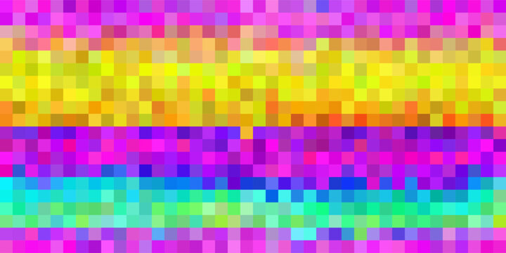 Pixel rainbow abstract mosaic background. Multicolor gradient with dithering. Vector 16 bit illustration in retro style. Horizontal seamless pattern