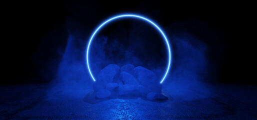 Neon circle blue. Dark street, reflection of neon light on wet asphalt. Neon shapes. Rays of light in the dark, smoke. Abstract dark background. 3D render.