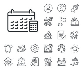 Accounting sign. Salaryman, gender equality and alert bell outline icons. Calendar with calculator line icon. Calculate finance symbol. Calendar line sign. Spy or profile placeholder icon. Vector