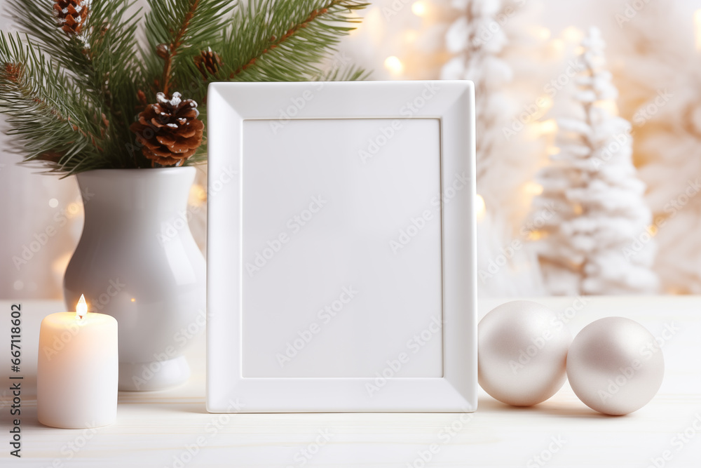 Poster frame mockup with ornate picture frame and flowers.created with generative ai technology.