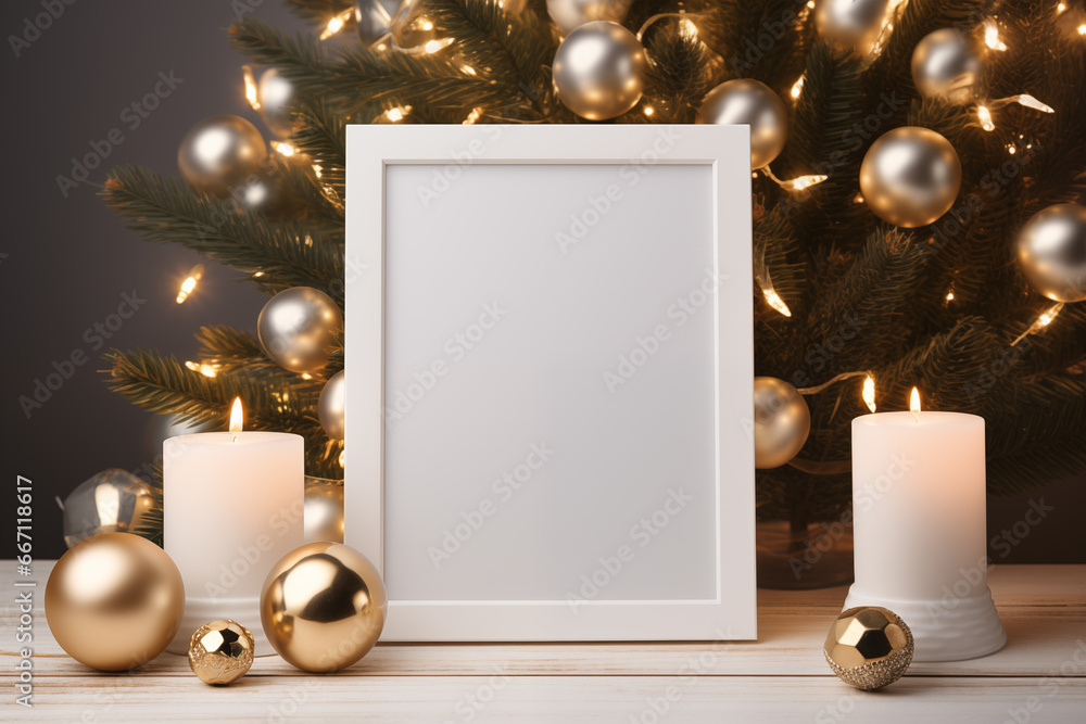Poster frame mockup with ornate picture frame and flowers.created with generative ai technology.