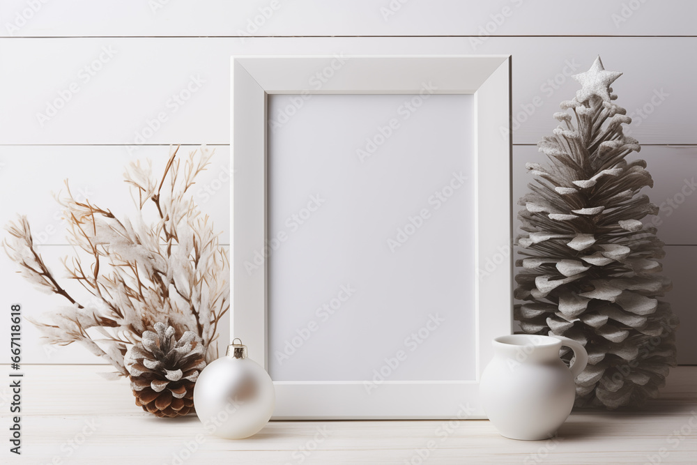Poster frame mockup with ornate picture frame and flowers.created with generative ai technology.