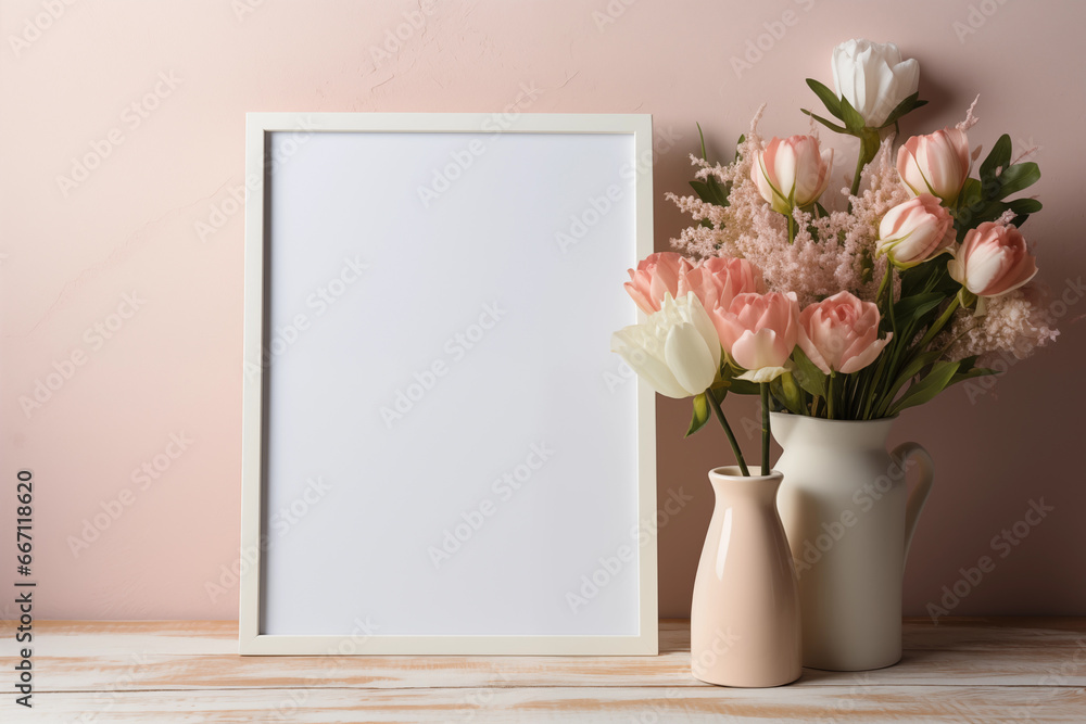 Poster frame mockup with ornate picture frame and flowers.created with generative ai technology.