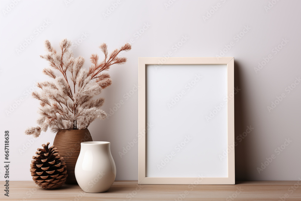 Poster frame mockup with ornate picture frame and flowers.created with generative ai technology.