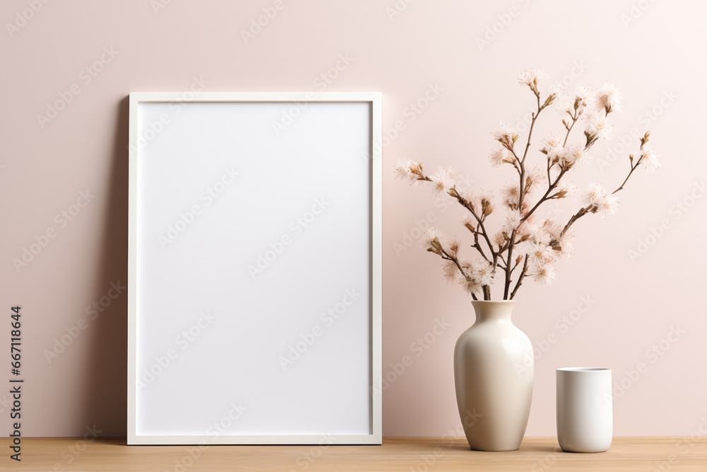 Poster frame mockup with ornate picture frame and flowers.created with generative ai technology.