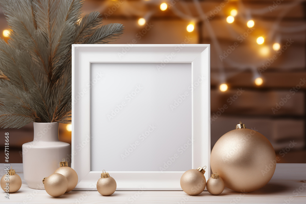 Poster frame mockup with ornate picture frame and flowers.created with generative ai technology.