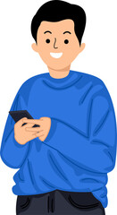 young man holding mobile phone looking at smartphone and typing message