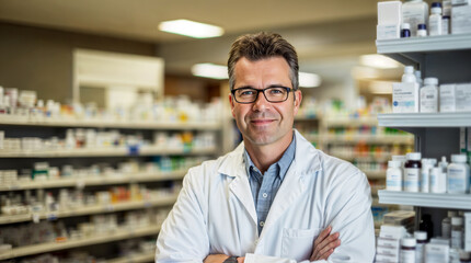 Smiling pharmacist in a pharmacy portrait, mature man with glasses in drug store, hd
