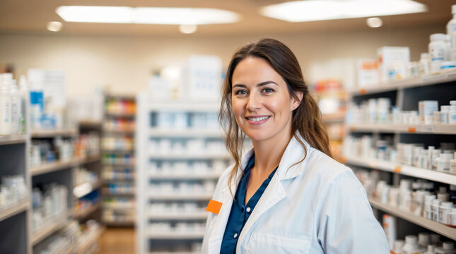 Smiling pharmacist in a pharmacy portrait, woman with glasses in drug store, hd