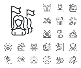 Women protest sign. Specialist, doctor and job competition outline icons. Feminism line icon. People with flags symbol. Feminism line sign. Avatar placeholder, spy headshot icon. Strike leader. Vector