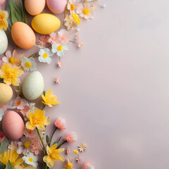 Naklejka na ściany i meble easter eggs and flowers background top view 