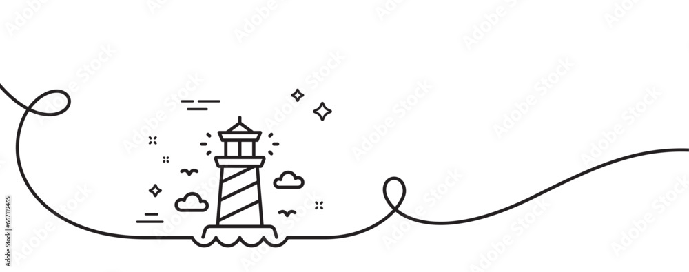 Poster lighthouse line icon. continuous one line with curl. beacon tower sign. searchlight building symbol.