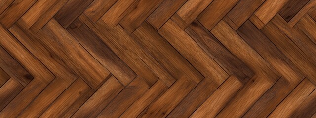 Seamless classic parquet wood floor background texture. Tileable stained brown redwood, oak, pine hardwood woven checker repeat pattern. Wooden laminate, linoleum tiles - obrazy, fototapety, plakaty
