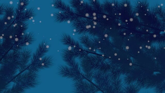 Flying snowflakes and Christmas tree in night, motion holidays and winter style background for New Year and Merry Christmas